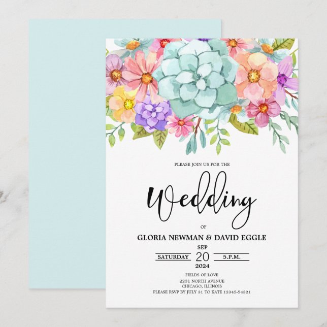 Convites Casamento Floral de Watercolor (Frente/Verso)