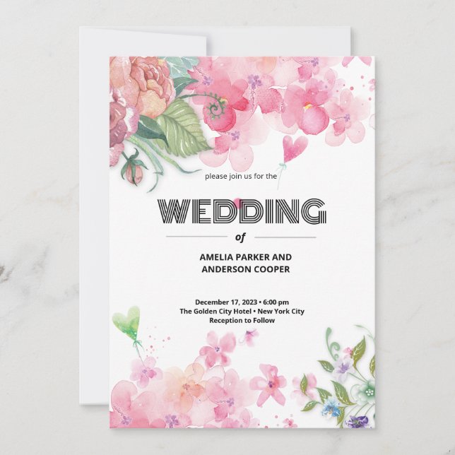 Convites Casamento Floral de Watercolor (Frente)