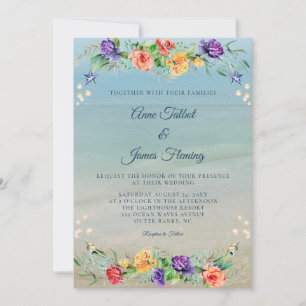 Convites Casamento Floral de Watercolor Beach Ocean