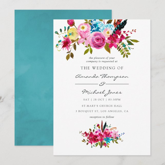 Convites Casamento Floral de Watercolor Boho Chic (Frente/Verso)