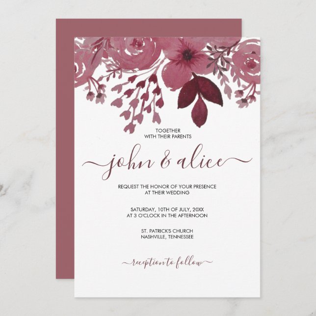 Convites Casamento Floral de Watercolor Burgundy (Frente/Verso)