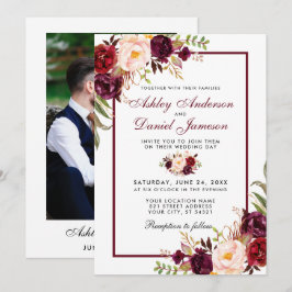 Convites Casamento Floral de Watercolor Burgundy