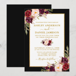 Convites Casamento Floral de Watercolor Burgundy Dourado