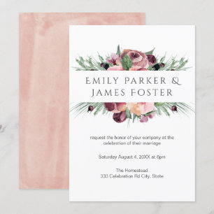 Convites Casamento Floral de Watercolor Dusty Rosa Burgundy