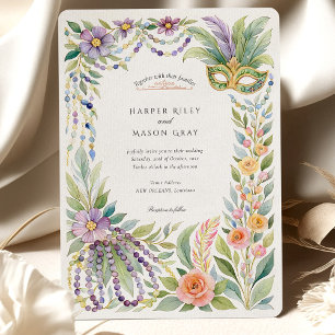 Convites Casamento Floral de Watercolor Mardi Gras Mascarad