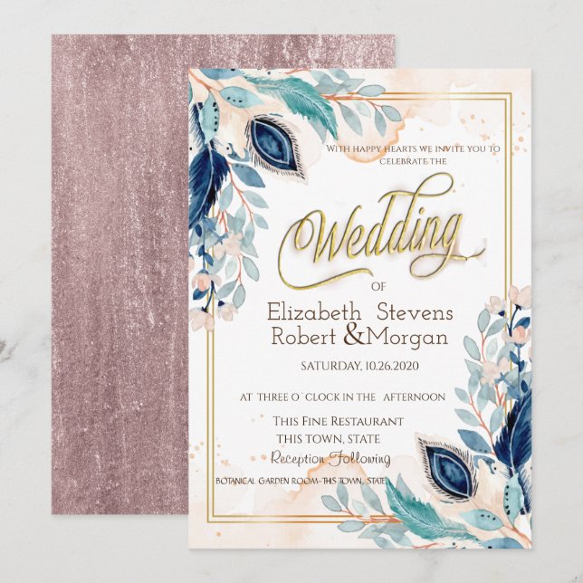 Convites Casamento Floral de Watercolor Peacock (Frente/Verso)