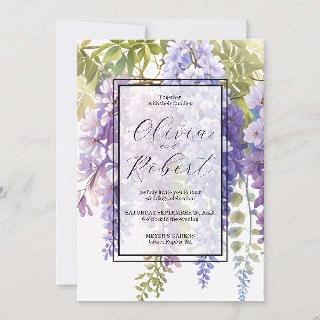 Convites Casamento floral de wisteria de aquarela púrpura E (Frente)