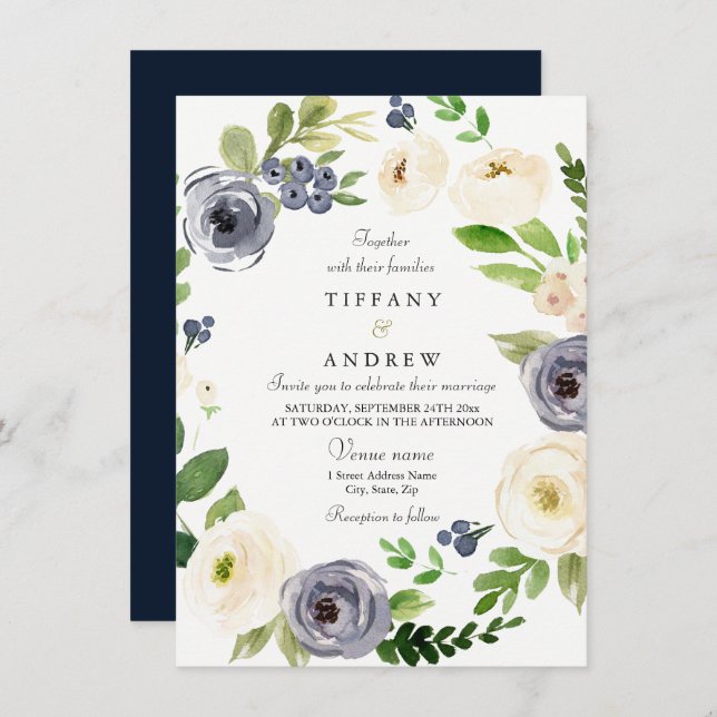 Convites Casamento Floral de Wreath com Aquarela Branca e M (Frente/Verso)