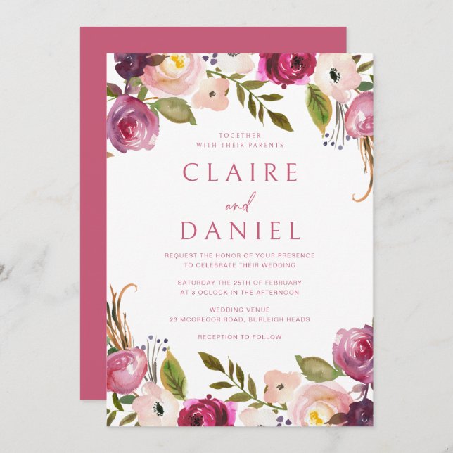 Convites Casamento Floral de Wreath com Aquarelas Rosa Vibr (Frente/Verso)