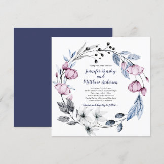 Convites Casamento Floral de Wreath Cor Azul-Rosa e Marinho