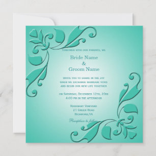 Convites Casamento floral decorativo azul-turquesa elegante