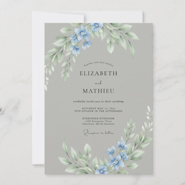 Convites Casamento Floral Delicado Azul (Frente)