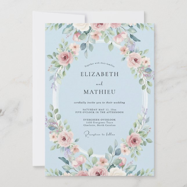 Convites Casamento Floral Delicado Azul Céu (Frente)