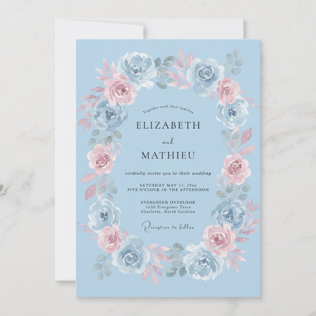Convites Casamento Floral Delicado Azul Claro (Frente)