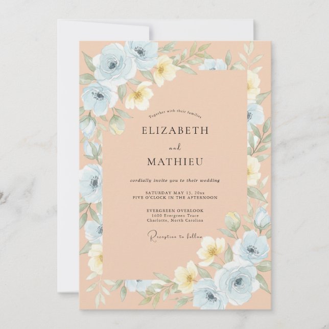 Convites Casamento Floral Delicado Azul Claro (Frente)