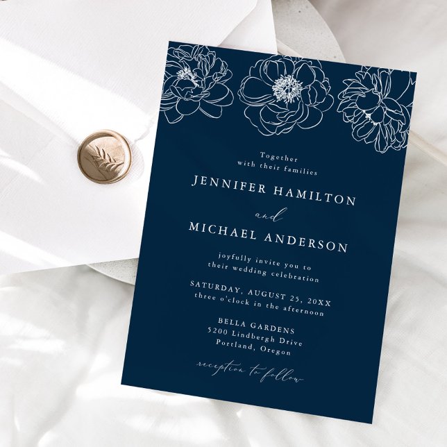 Convites Casamento Floral Delicado Azul Marinho (Criador carregado)