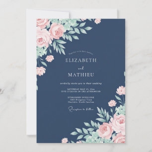 Convites Casamento Floral Delicado Azul Marinho