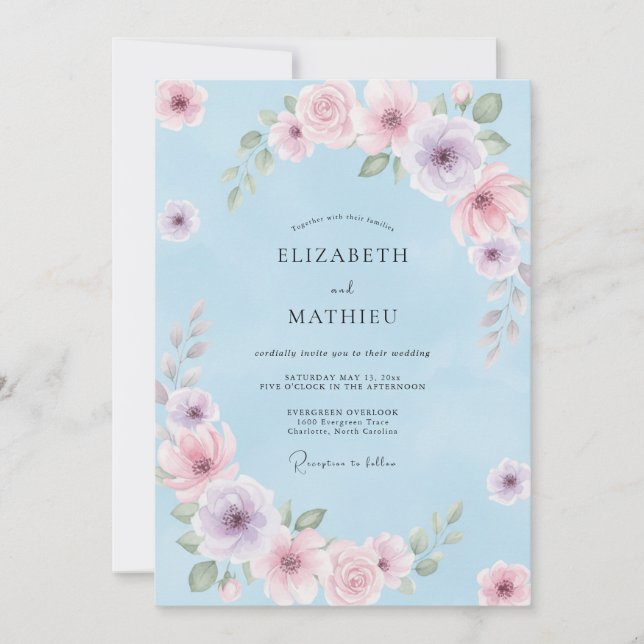 Convites Casamento Floral Delicado Azul Pastel (Frente)