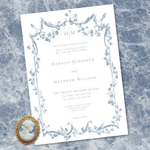 Convites Casamento Floral Delicado Azul Poeirento Clássico 