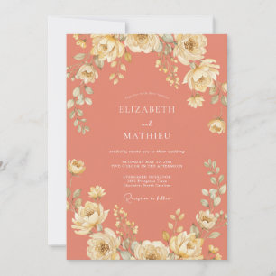 Convites Casamento Floral Delicado e Florido de Pêssego