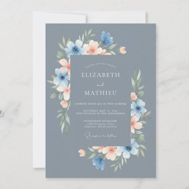 Convites Casamento Floral Delicado em Azul Aço (Frente)
