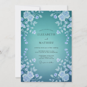 Convites Casamento Floral Delicado em Azul Turquesa