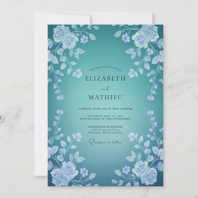 Convites Casamento Floral Delicado em Azul Turquesa (Frente)