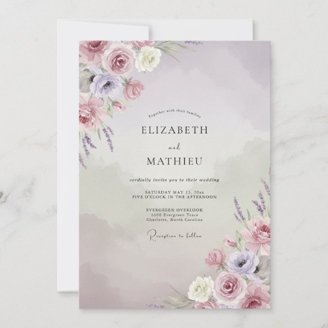 Convites Casamento Floral Delicado Malva (Frente)