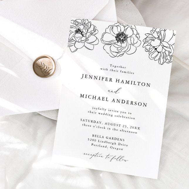 Convites Casamento Floral Delicado Preto e Branco (Criador carregado)