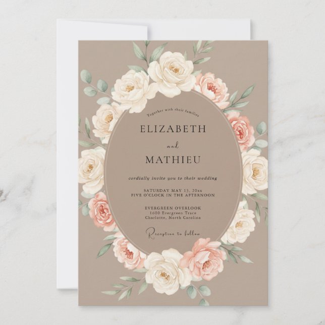 Convites Casamento Floral Delicado Romance Bege (Frente)