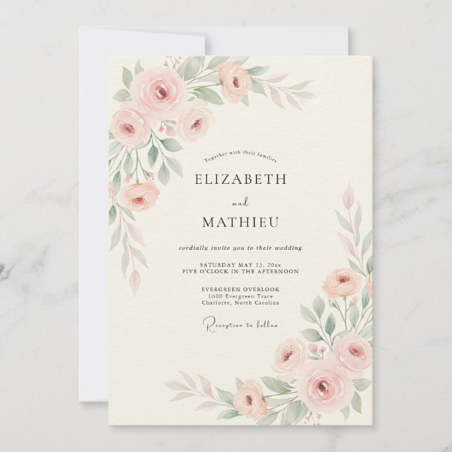 Convites Casamento Floral Delicado Rosa Pálido (Frente)
