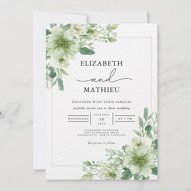 Convites Casamento Floral Delicado Sage Green (Frente)