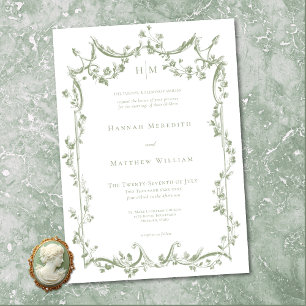 Convites Casamento Floral Delicado Verde Sage Clássico Eleg