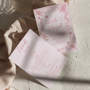 Convites Casamento Floral Desenhado à Mão Retro Tudo em Um