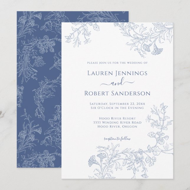 Convites Casamento Floral Desenhado com Linha Azul Chic (Frente/Verso)
