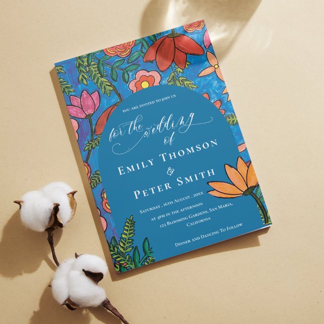 Convites Casamento Floral Desenhado De Mão Azul Laranja Bri (Bright Blue Orange Hand Drawn Floral Wedding Invitation)