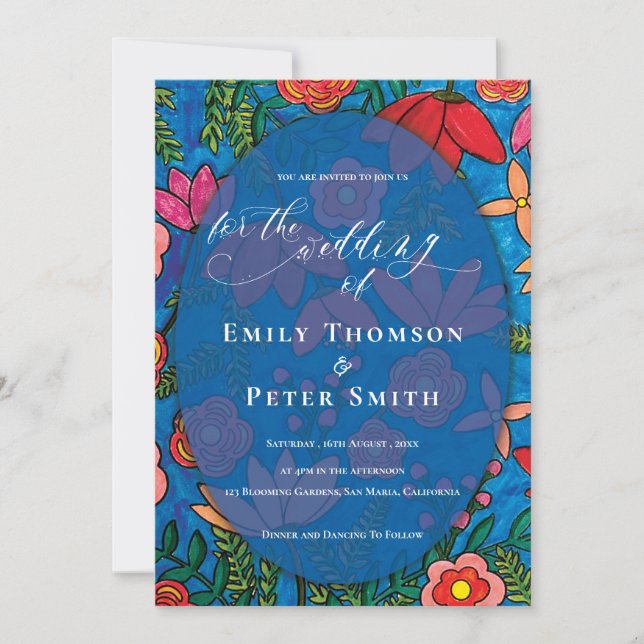 Convites Casamento Floral Desenhado De Mão Azul Laranja Bri (Frente)
