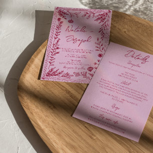 Convites Casamento Floral Desenhado Framboesa Rosa Tudo Em