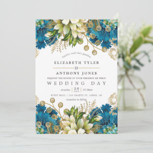 Convites Casamento Floral Desgastado em Turquesa e Dourado