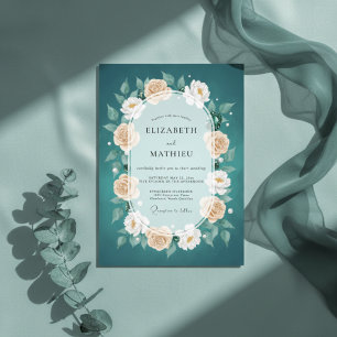 Convites Casamento Floral Deslumbrante Azul-Verde