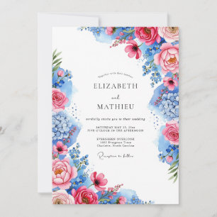 Convites Casamento Floral Deslumbrante Rosa Cobalto Azul
