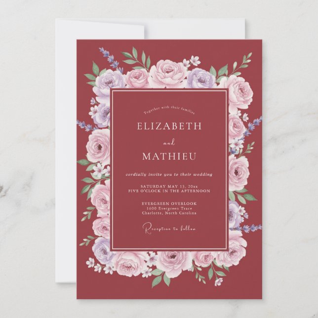 Convites Casamento Floral Divino Marsala (Frente)