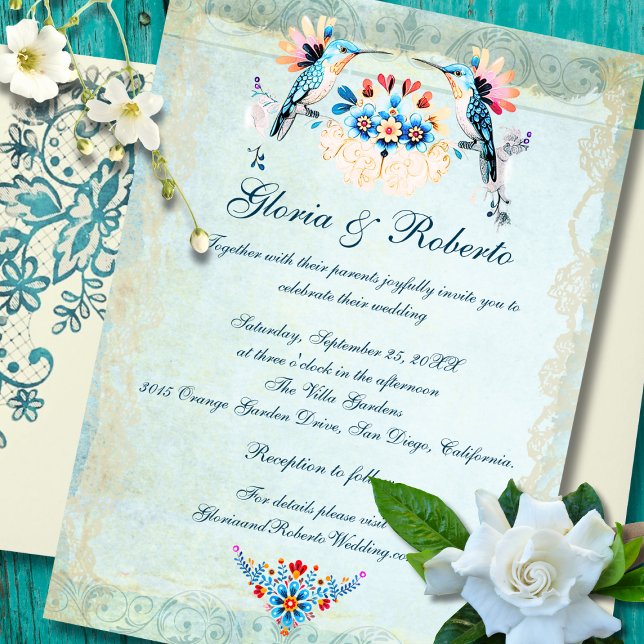 Convites Casamento Floral do Barroco Mexicano Hummingbird (Romantic Mexican Baroque Hummingbird Floral wedding invitation with aqua background.)