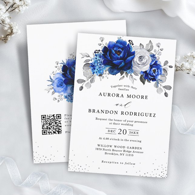 Convites Casamento Floral do Código QR de Prata Branca Real (Royal Blue White Silver QR Code Floral Wedding Invitation)