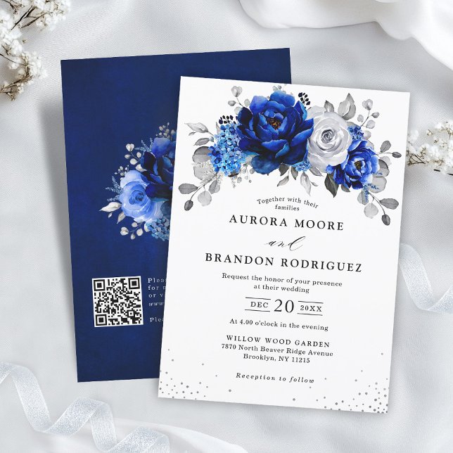 Convites Casamento Floral do Código QR de Prata Branca Real (Royal Blue White Silver QR Code Floral Wedding Invitation)