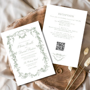 Convites Casamento Floral do Código QR Verde do Victorian S