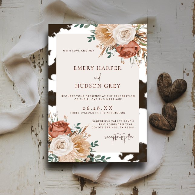 Convites Casamento Floral do Cowhide Country Western Cowboy (western wedding invitation cowhide boho floral ranch country barn terracotta rust watercolor)
