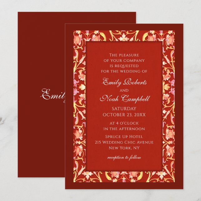 Convites Casamento Floral do Elegante Burgundy Red Na moda (Frente/Verso)