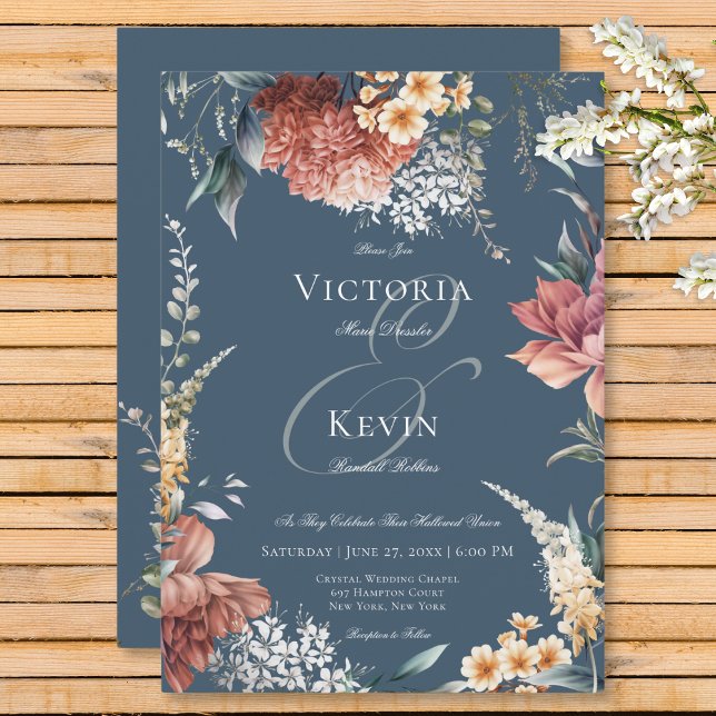 Convites Casamento Floral do Jardim Azul Romântico Moderno (Modern Romantic Blue Garden Floral Wedding Invitation)