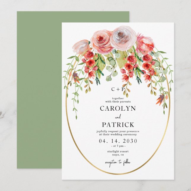 Convites Casamento Floral do Jardim de Frame Oval Dourado E (Frente/Verso)